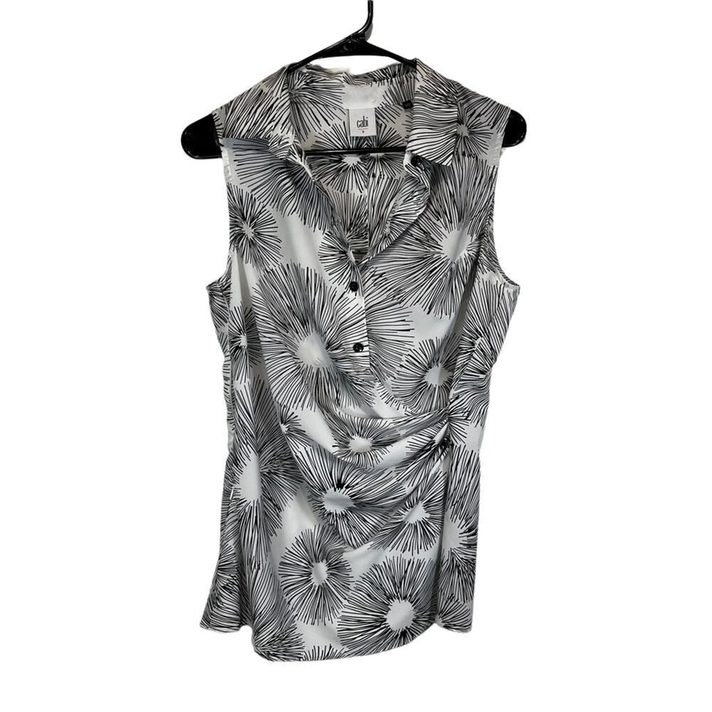 Cabi #5228 Priority Blouse Black + White Sleeveless Button Down Preppy Collared
